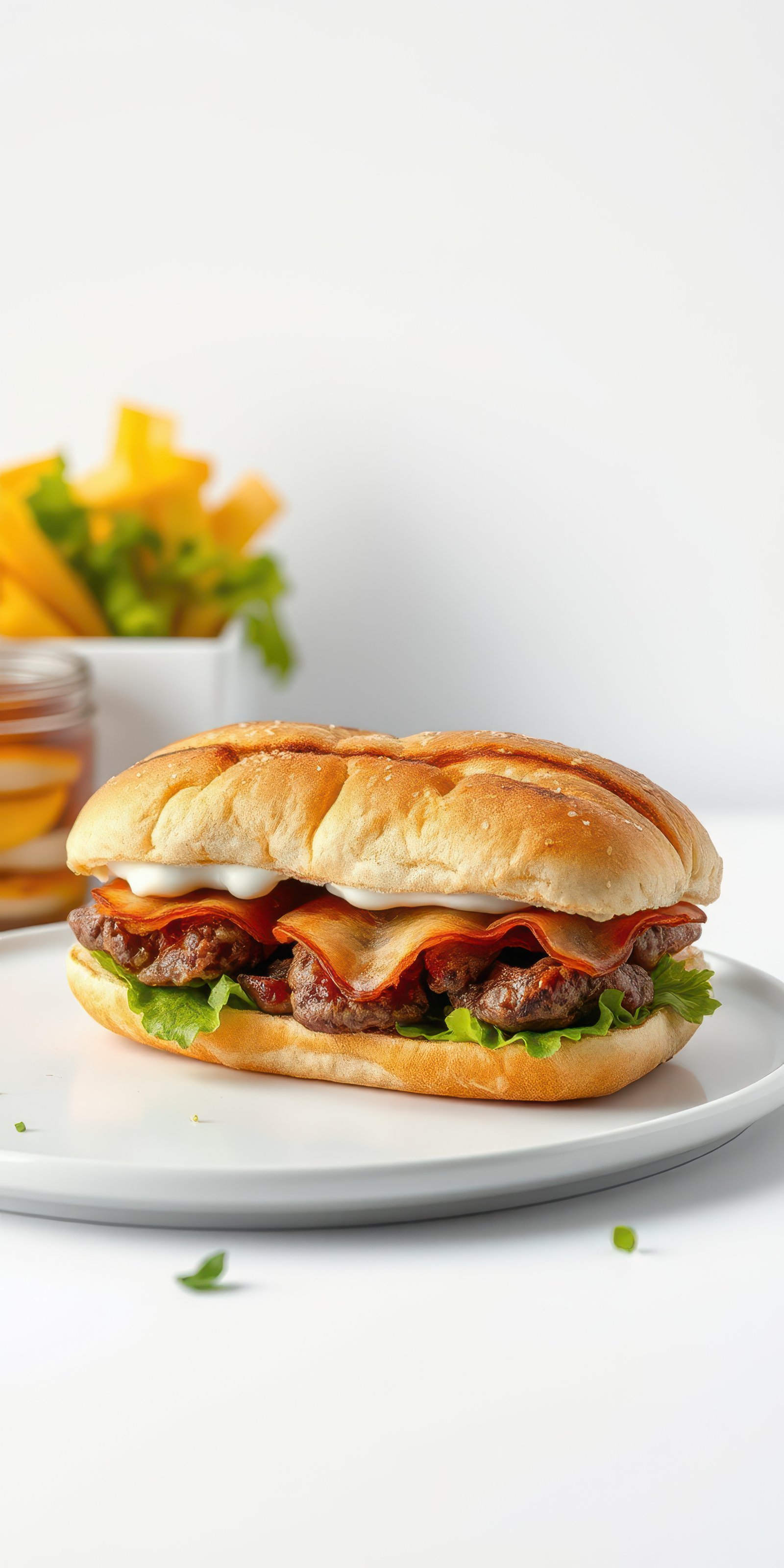 Delicious sandwich with layers of meat and fresh toppings served on a white plate with chips in the background